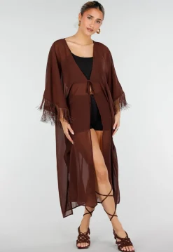 Bruine Kimono met Halflange Mouwen en Franjes