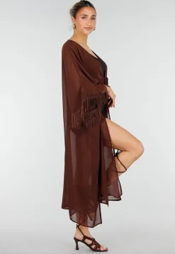 Bruine Kimono met Halflange Mouwen en Franjes
