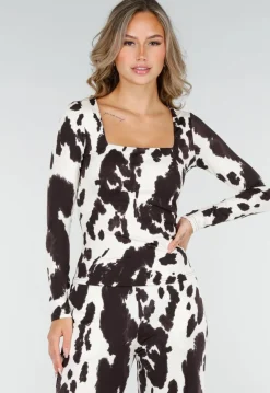 Bruine Koeienprint Top met Lange Mouwen