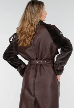 Bruine Lange Jas met Faux Fur en Ceintuur