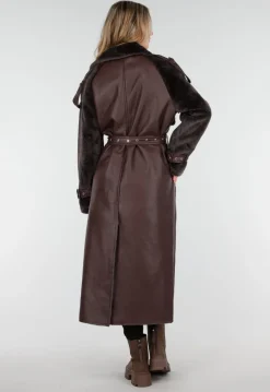 Bruine Lange Jas met Faux Fur en Ceintuur