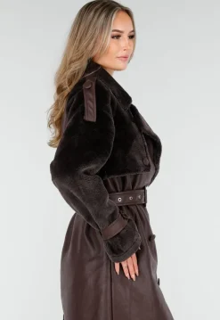 Bruine Lange Jas met Faux Fur en Ceintuur