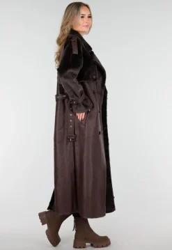 Bruine Lange Jas met Faux Fur en Ceintuur