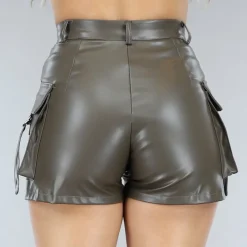 Bruine Lederlook Cargo Short met Hoge Taille