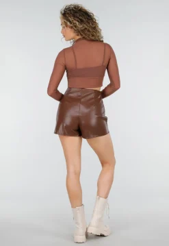 Bruine Lederlook Skort met Stretch en Binnenbroekje