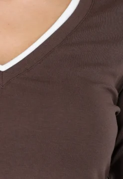 Bruine Longsleeve Top met V-Hals en Witte Boorden