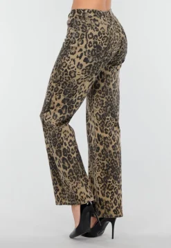 Bruine Luipaardprint Stretch Broek met Rechte Pijpen