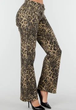 Bruine Luipaardprint Stretch Broek met Rechte Pijpen