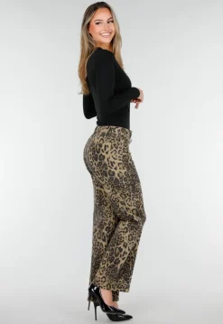 Bruine Luipaardprint Stretch Broek met Rechte Pijpen