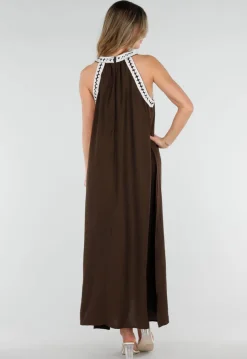 Bruine Maxi Halter Jurk met Witte Rand