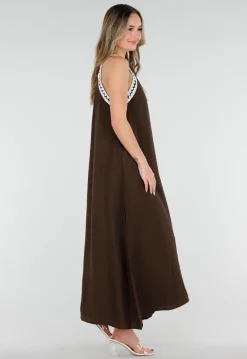 Bruine Maxi Halter Jurk met Witte Rand