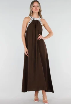 Bruine Maxi Halter Jurk met Witte Rand