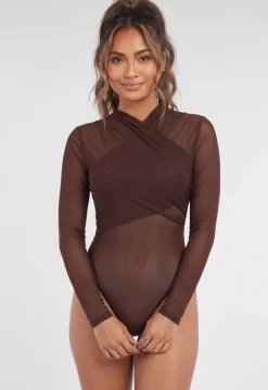 Bruine Mesh Body met Lange Mouwen en Gedrapeerde Hoge Hals
