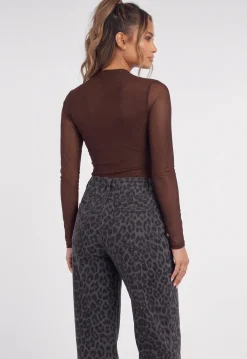 Bruine Mesh Body met Lange Mouwen en Gedrapeerde Hoge Hals