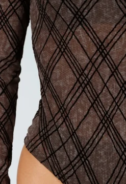 Bruine Mesh Body met Ruitprint en Lange Mouwen