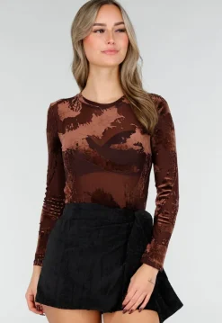 Bruine Mesh Bodysuit met Flocked Print