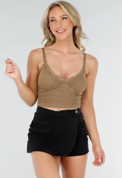 Bruine Mesh Crop Top met Kant, V-Hals en Pads