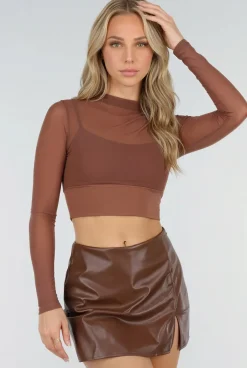 Bruine Mesh Crop Top met Stretch en Ingebouwde Pads