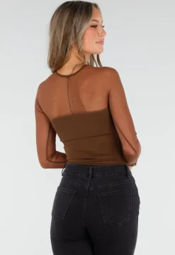 Bruine Mesh Top met Lange Mouwen en Ingebouwde Pads