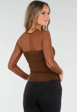 Bruine Mesh Top met Lange Mouwen en Ingebouwde Pads