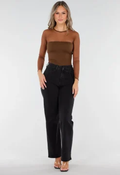 Bruine Mesh Top met Lange Mouwen en Ingebouwde Pads