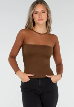 Bruine Mesh Top met Lange Mouwen en Ingebouwde Pads