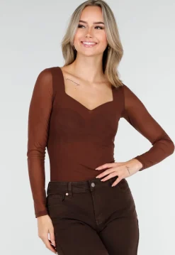 Bruine Mesh Top met Lange Mouwen en Hartvormige Halslijn