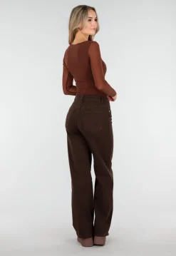 Bruine Mesh Top met Lange Mouwen en Hartvormige Halslijn