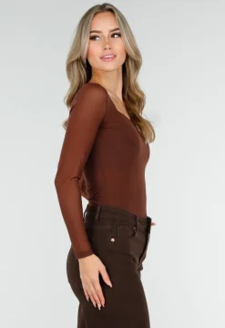 Bruine Mesh Top met Lange Mouwen en Hartvormige Halslijn
