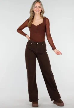 Bruine Mesh Top met Lange Mouwen en Hartvormige Halslijn