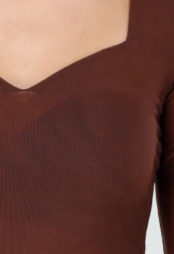 Bruine Mesh Top met Lange Mouwen en Hartvormige Halslijn