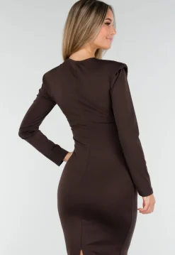Bruine Midi Jurk met Lange Mouwen en Goudkleurige Ringdetail