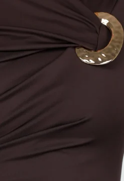 Bruine Midi Jurk met Lange Mouwen en Goudkleurige Ringdetail