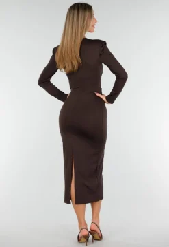 Bruine Midi Jurk met Lange Mouwen en Goudkleurige Ringdetail