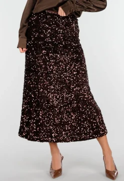 Bruine Midi Rok met All Over Pailletten en Subtiele Uitlopende Zoom
