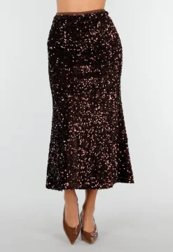 Bruine Midi Rok met All Over Pailletten en Subtiele Uitlopende Zoom