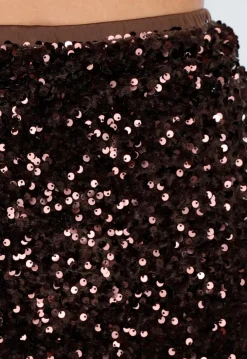 Bruine Midi Rok met All Over Pailletten en Subtiele Uitlopende Zoom
