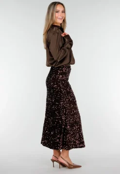 Bruine Midi Rok met All Over Pailletten en Subtiele Uitlopende Zoom