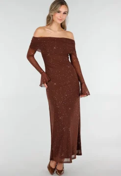 Bruine Off Shoulder Maxi Glitter Jurk met Lange Mouwen