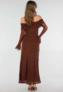 Bruine Off Shoulder Maxi Glitter Jurk met Lange Mouwen
