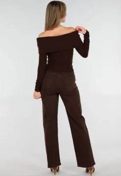 Bruine Off Shoulder Top met Lange Mouw
