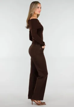 Bruine Off Shoulder Top met Lange Mouw