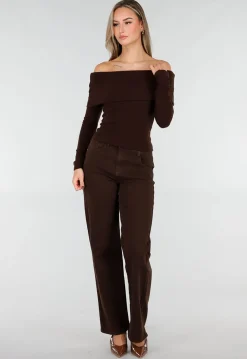 Bruine Off Shoulder Top met Lange Mouw