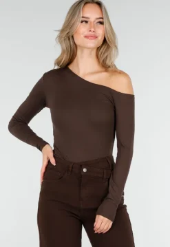 Bruine One Shoulder Top met Lange Mouwen
