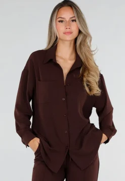Bruine Oversized Blouse met Lange Mouwen en Knoopsluiting