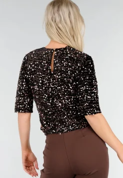 Bruine Pailletten Top met Korte Mouwen en Stretch