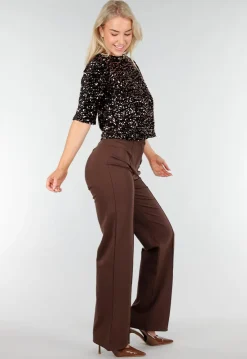 Bruine Pailletten Top met Korte Mouwen en Stretch