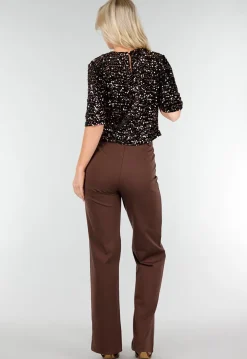 Bruine Pailletten Top met Korte Mouwen en Stretch