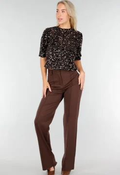 Bruine Pailletten Top met Korte Mouwen en Stretch
