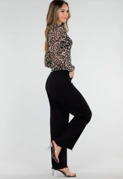 Bruine Panterprint Mesh Top met Lange Mouwen